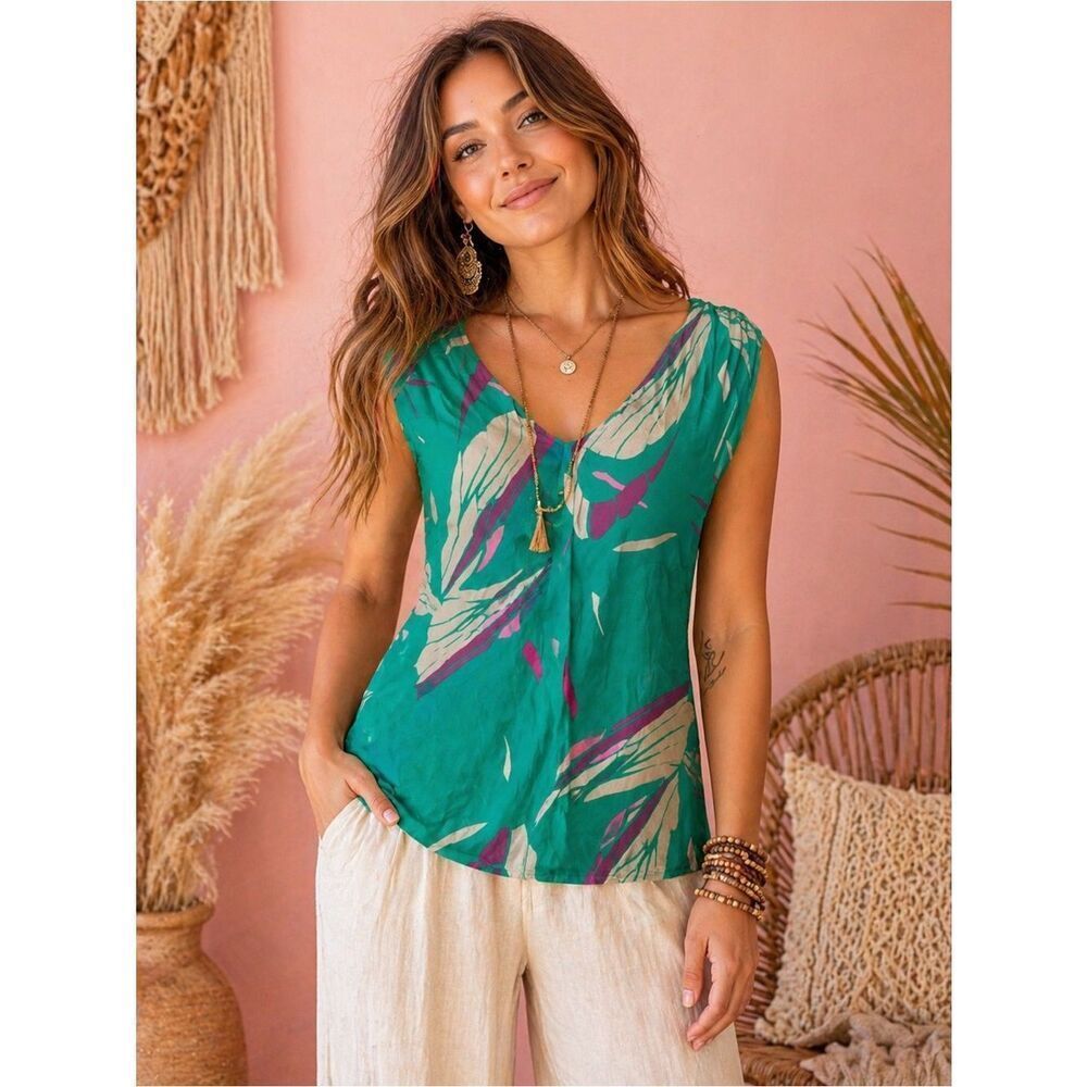 Anthropologie Aeryn K Teal Printed Sleeveless V-Neck Silk Top